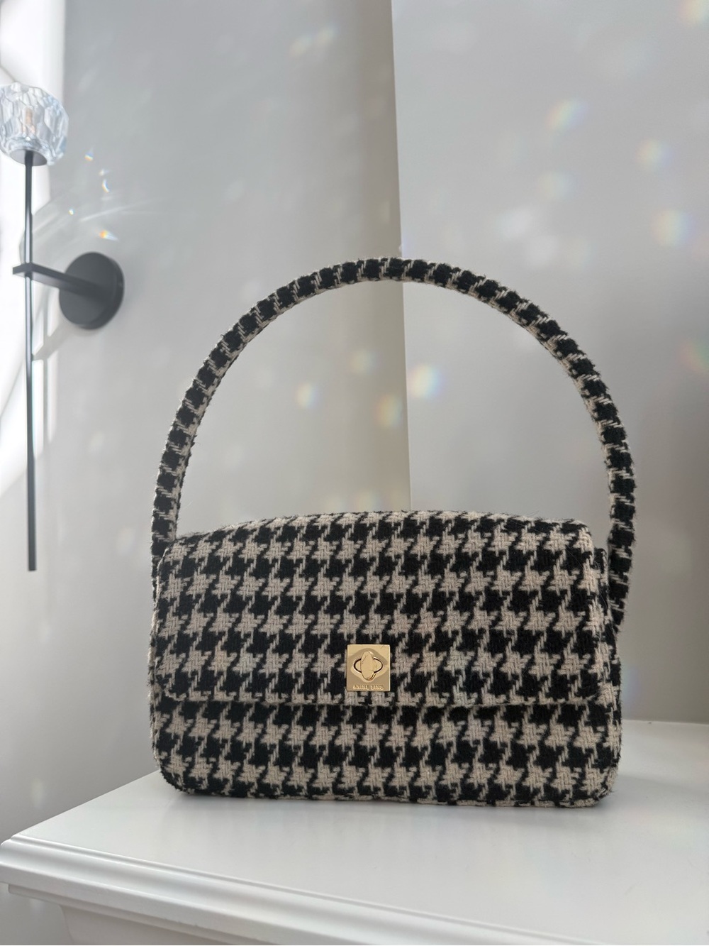 Anine Bing Black & Cream Houndstooth Shoulder Bag Dustbag included
